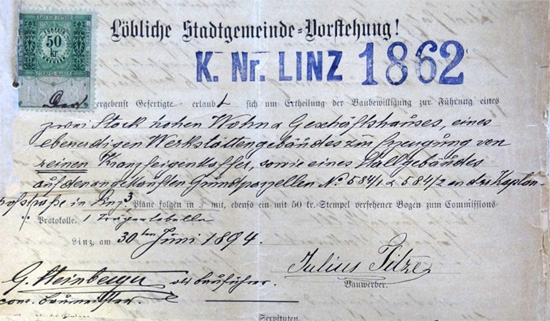 Ansuchen um eine Baugenehmigung in Linz (30. Juni 1894) Ansuchen um eine Baugenehmigung in Linz (30. Juni 1894)